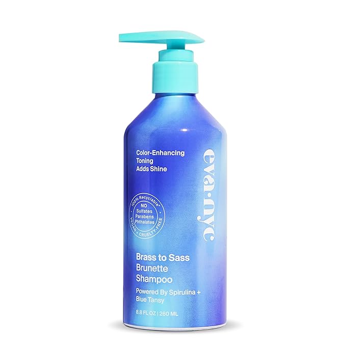 Eva NYC Brass to Sass Brunette Shampoo, Toning Blue Shampoo for Brunettes, Neutralizes Brassy Red and Orange Tones, Blue Shampoo for Color Treated Hair, 8.8 fl oz