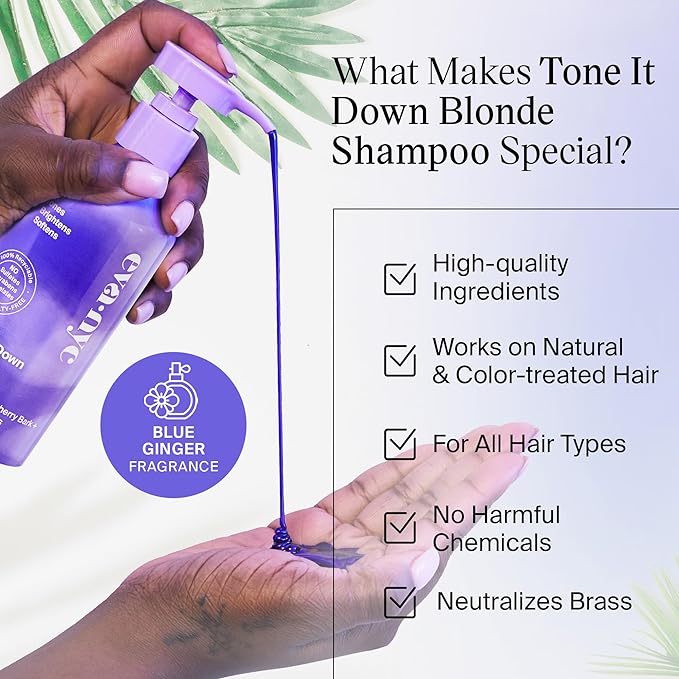 Eva NYC Tone It Down Blonde Shampoo, Moisturizing Purple Shampoo for Eliminating Brass & Yellow Tones, Vegan Shampoo, Brightening Purple Shampoo for Blonde Hair, 8.8 oz