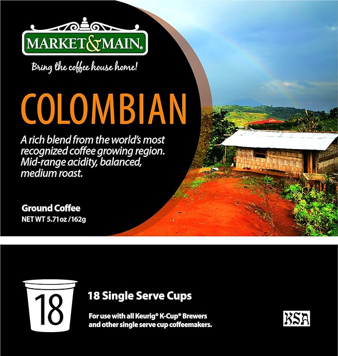 Market & Main OneCup, Colombian, Compatible with Keurig K-cup Brewers, 18 Count