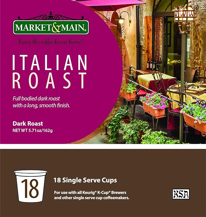 Market & Main OneCup, Italian Roast, Compatible with Keurig K-cup Brewers, 18 Count