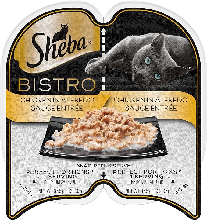 Sheba Perfect PORTIONS Bistro Wet Cat Food Trays (24 Count, 48 Servings), Chicken in Alfredo Sauce Entrée, Easy Peel Twin-Pack Trays
