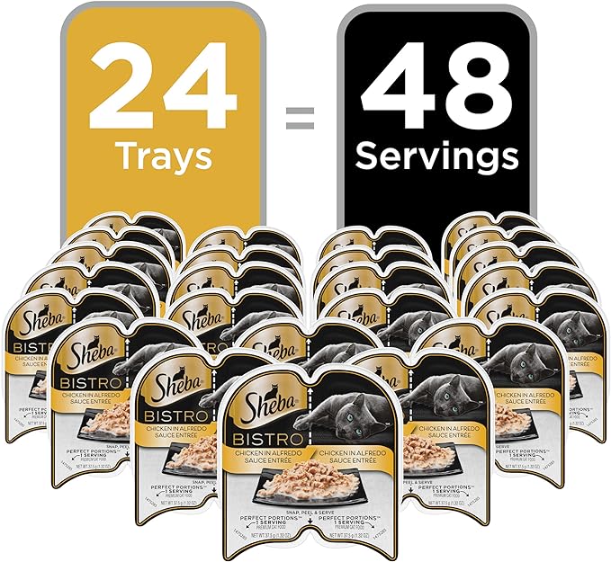 Sheba Perfect PORTIONS Bistro Wet Cat Food Trays (24 Count, 48 Servings), Chicken in Alfredo Sauce Entrée, Easy Peel Twin-Pack Trays